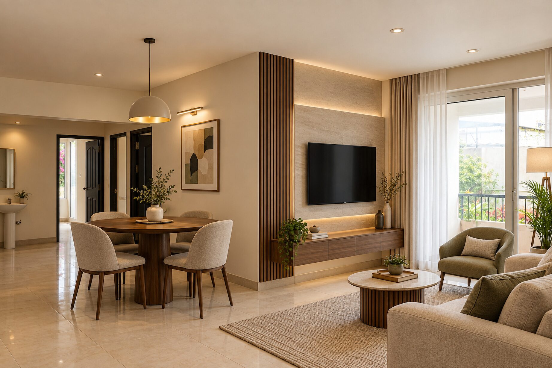 Living and dining room in a 3 BHK apartment at Krishna Mystiq, Electronic City