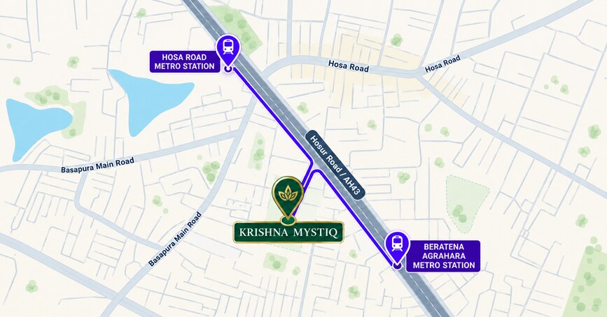 Location map of Krishna Mystiq between Hosa Road and Beratena Agrahara metro stations on Hosur Road