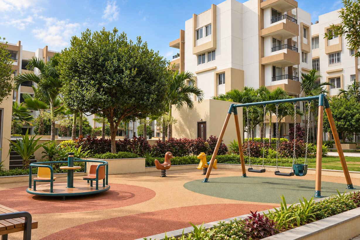 Landscaped children's play area at Krishna Mystiq